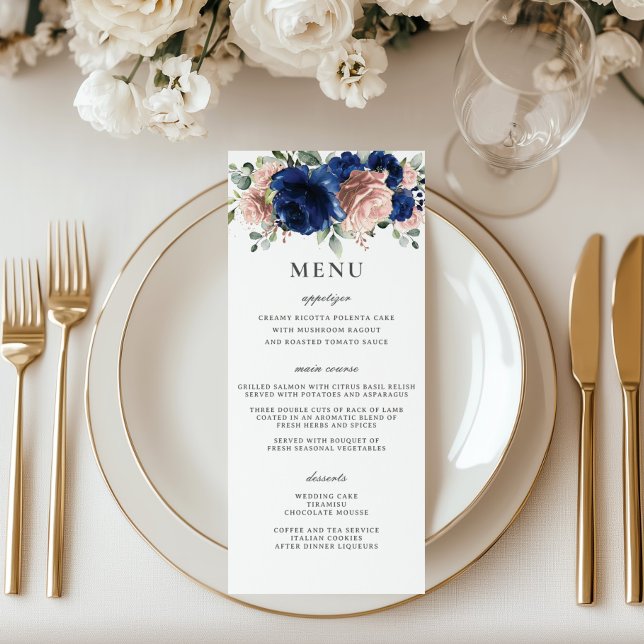 Élégant Menu de Mariage Fleurie Bleu Nuit et Or Ro (Créateur téléchargé)
