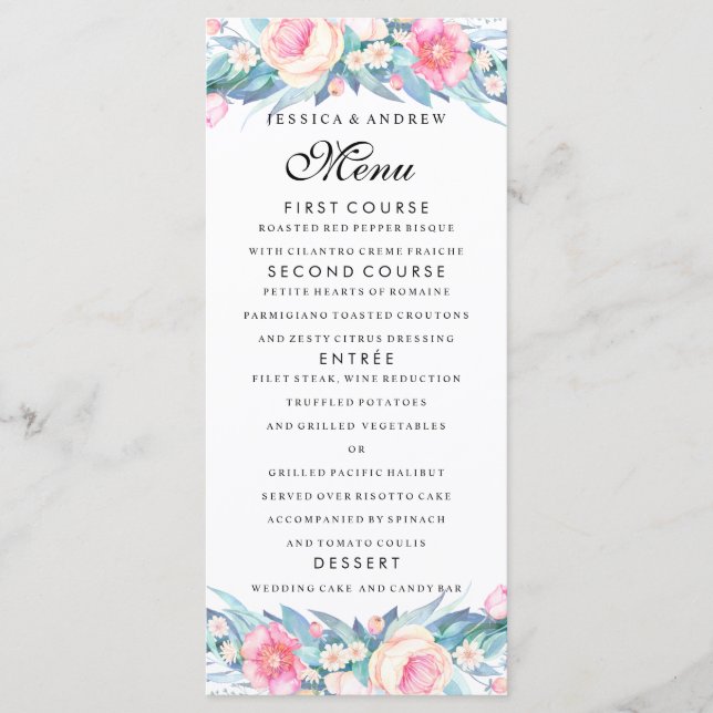 Élégant Menu de Mariage Floral Aquarelle (Devant)