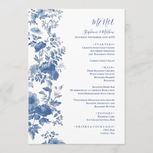 Élégant Menu de Mariage Floral Toile Bleu Français (Devant)