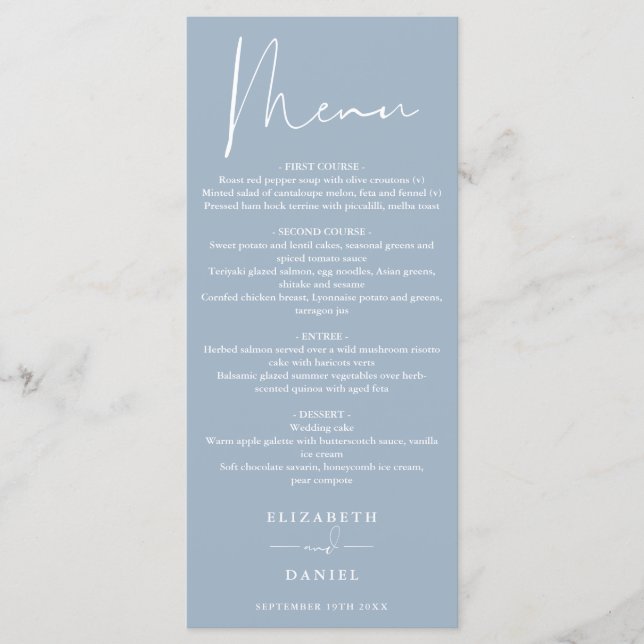 Élégant Menu de Mariage Moderne Bleu Poussiéreux p (Devant)
