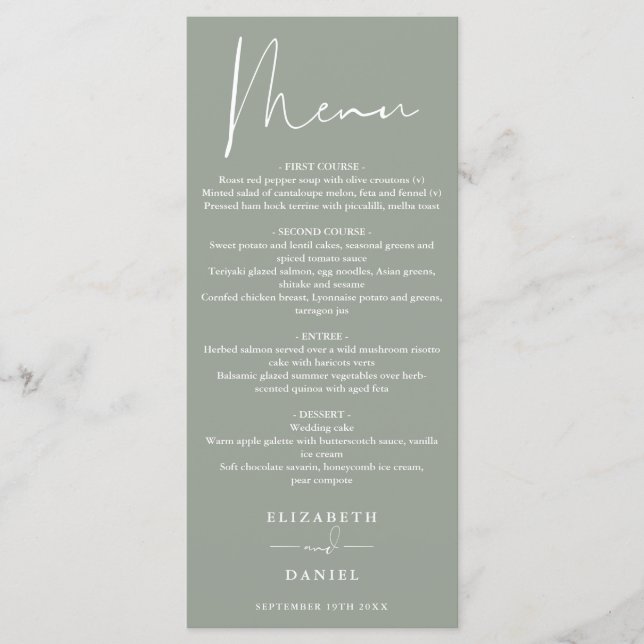 Élégant Menu de Mariage Moderne Vert Sauge pour le (Devant)