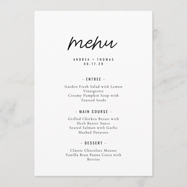 Élégant Menu de Mariage Script Minimaliste (Devant)