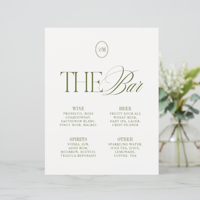Élégant Menu de Mariage The Bar Vert Olive (Debout devant)