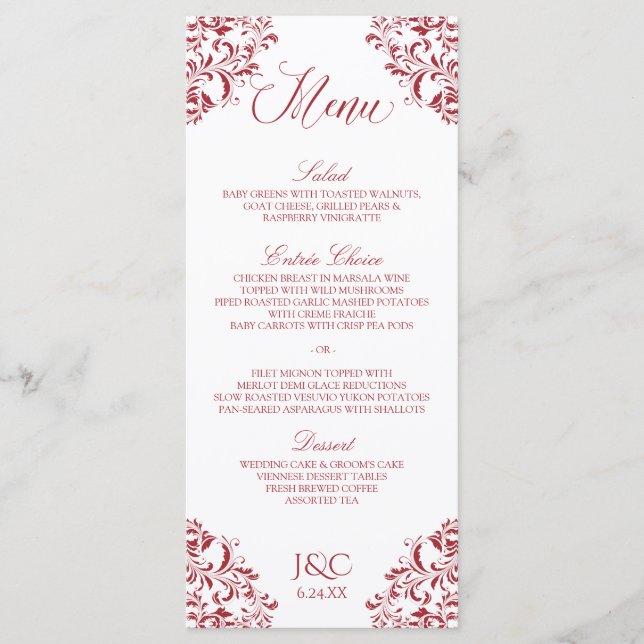 Elégant menu de mariage vintage | Nadine (rouge) (Devant)