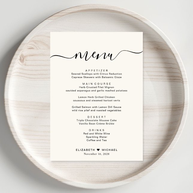 Élégant Menu de Réception de Mariage Crème Script (Créateur téléchargé)