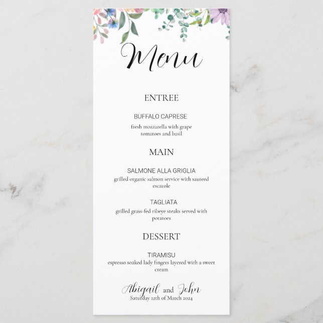 Elégant menu de réception de mariage Fleur sauvage (Devant)