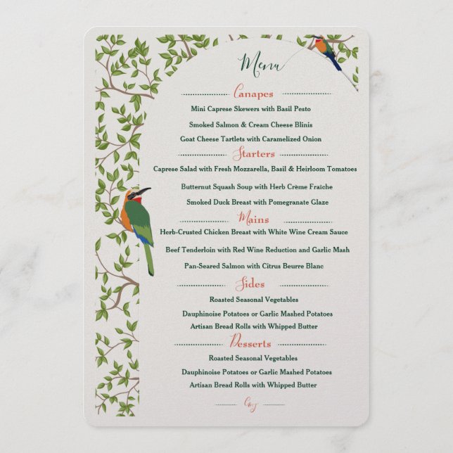 Elégant menu d'oiseaux botaniques Modèle - Mariage (Dos)