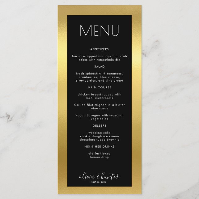 Élégant menu du dîner Black and White Gold (Devant)