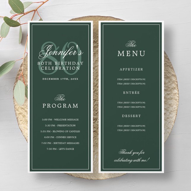 Élégant menu du programme de fête d'anniversaire 8 (Elegant 80th Birthday Party Program Menu Green )