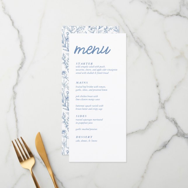 Elégant menu Fête des mariées Florale Bleu Françai (Devant/Arrière en situation)