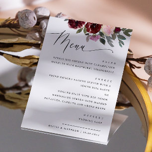Élégant Menu Fleurs Mariage   Roses Aquarelle