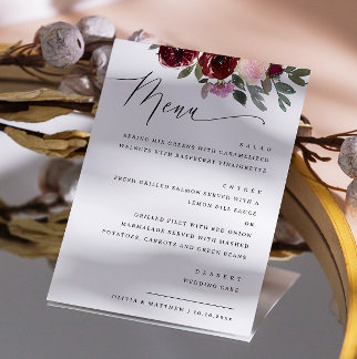 Élégant Menu Fleurs Mariage | Roses Aquarelle