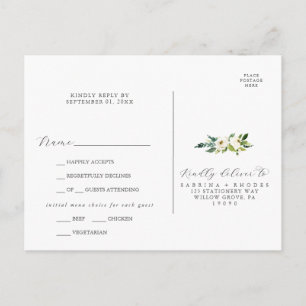 Elégant menu floral blanc Choix carte postale RSVP