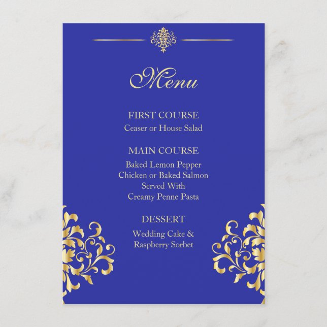 Elégant menu Gold et Blue Mariage damassé (Devant)