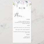 Elégant menu Mariage blanc et bleu<br><div class="desc">Elégante carte de mariage monogrammed avec une délicieuse aquarelle verte et des détails floraux blancs et bleus sur le dessus avec les initiales du couple. Possibilité d'ajouter votre propre menu à l'aide de zones de texte fournies et, si nécessaire, de modifier la position du texte, la taille, le style et...</div>