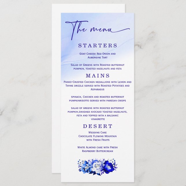 Elégant menu mariage bleu et argent (Devant / Derrière)