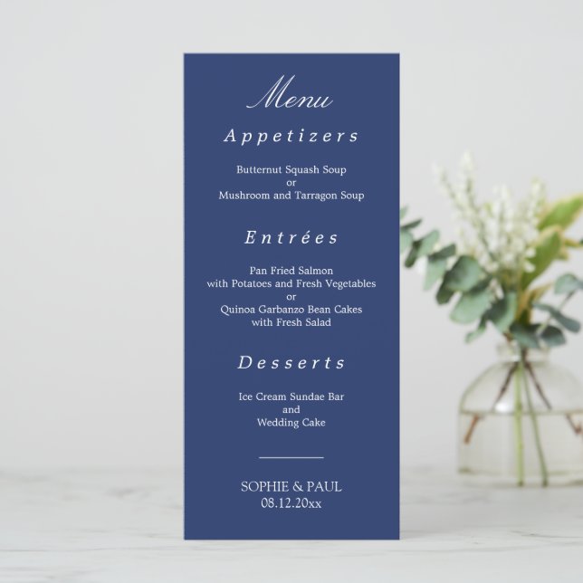 Elégant menu Mariage bleu marine (Debout devant)