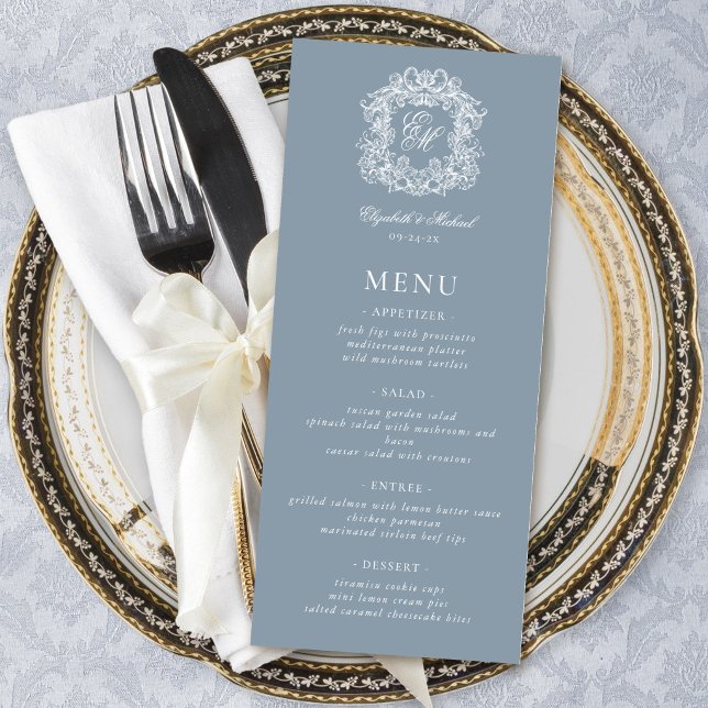 Élégant Menu Mariage Bleu Poussiéreux Monogramme B (Créateur téléchargé)