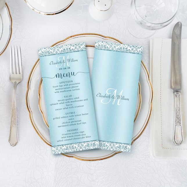 Élégant menu Mariage damassé Bleue (Créateur téléchargé)