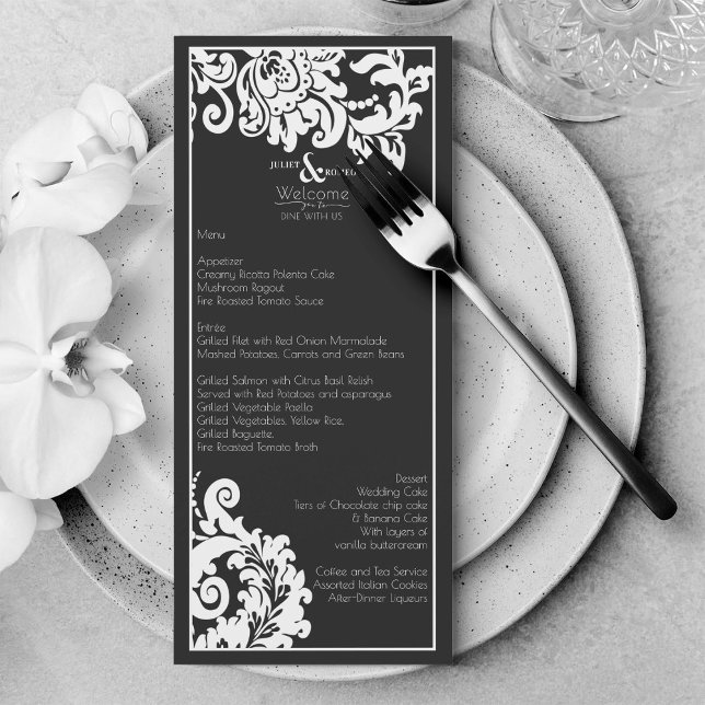 Élégant Menu Mariage damassé Floral Noir Et Blanc (Elegant black and white floral damask wedding menu)
