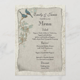 Élégant menu Mariage damassé Oiseaux Turquoises Vi