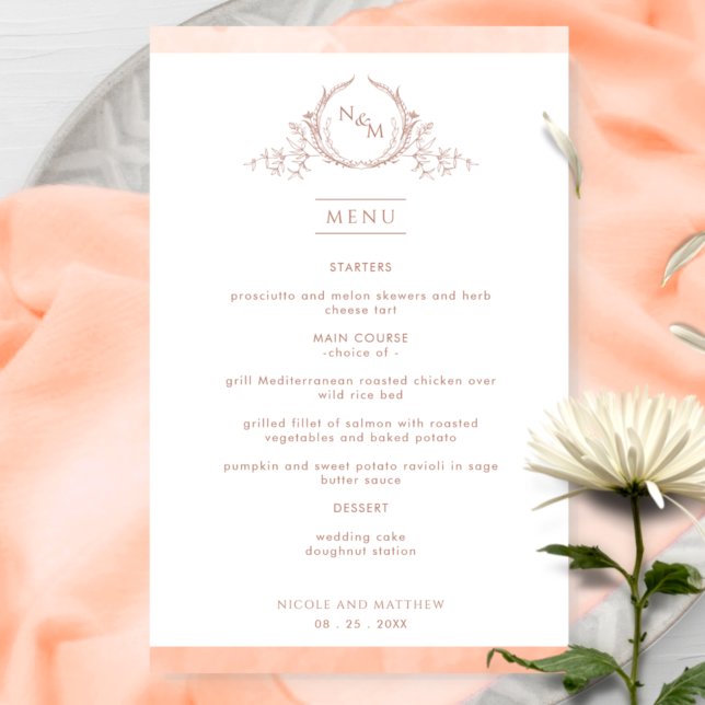 Élégant menu Mariage d'aquarelle de pêche monogram (Créateur téléchargé)