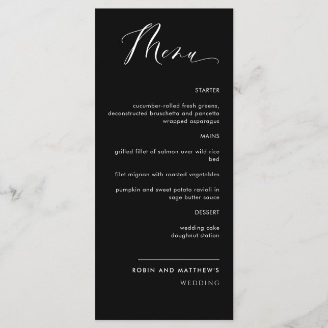Élégant menu Mariage de calligraphie noir et blanc (Devant)