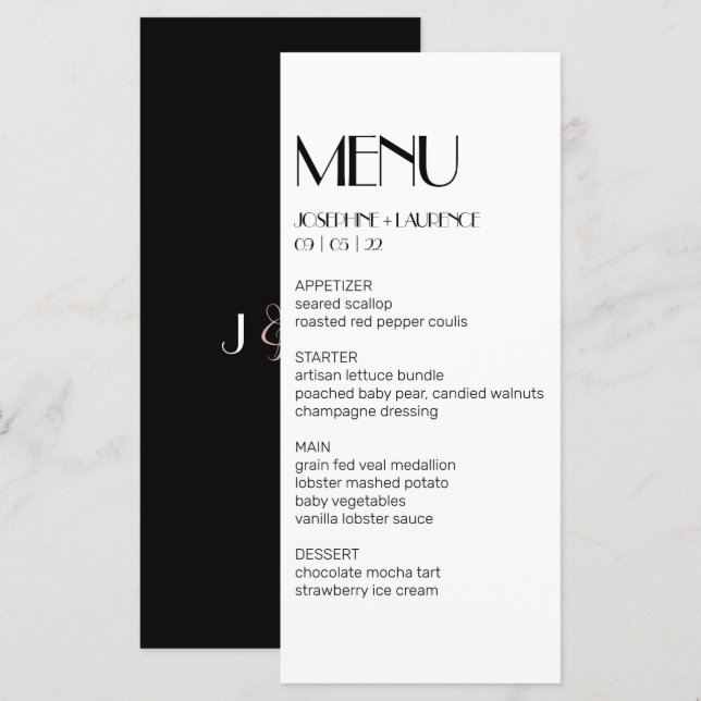 Élégant menu Mariage de Monogramme noir blanc (Devant / Derrière)