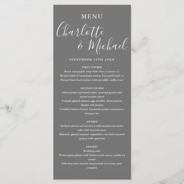 Élégant menu Mariage de script de signature gris (Devant)