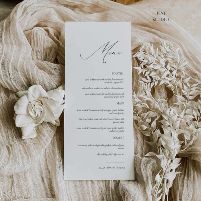 Élégant menu Mariage de script moderne (elegant modern script wedding menu card, 4x9 dainty wedding menu, long menu, modern minimalist menu)