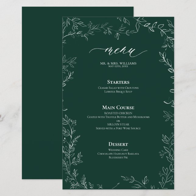 Élégant menu Mariage Emerald Green Leaf moderne (Devant / Derrière)