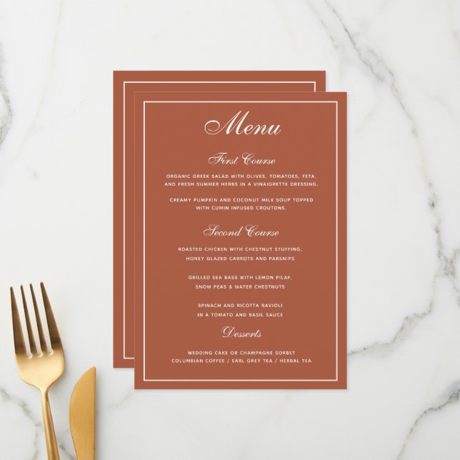 Élégant menu Mariage en terre cuite blanc Script (Devant/Arrière en situation)