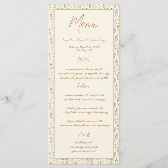 Élégant menu Mariage Fleur sauvage aquarelle (Devant)