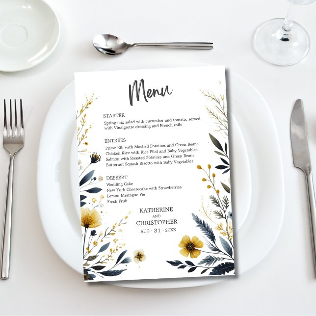 Elégant menu Mariage Fleur sauvage Watercolor (Elegant Watercolor Wildflowers Wedding Menu with menu options, blue yellow watercolor flowers.)