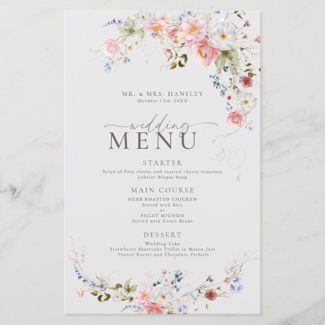 Élégant menu Mariage Floral (Devant)