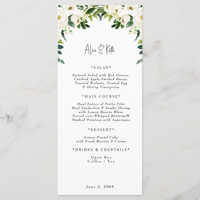 Elégant menu Mariage Floral Blanc (Devant)