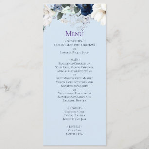 Elégant menu Mariage Floral Bleu