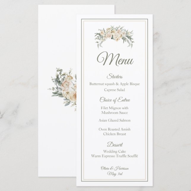 Elégant menu Mariage Floral - Crème & Sage Green S (Devant / Derrière)