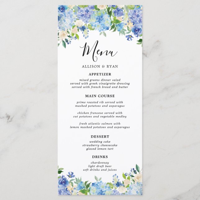 Élégant menu Mariage Floral Hydrangea bleu (Devant)