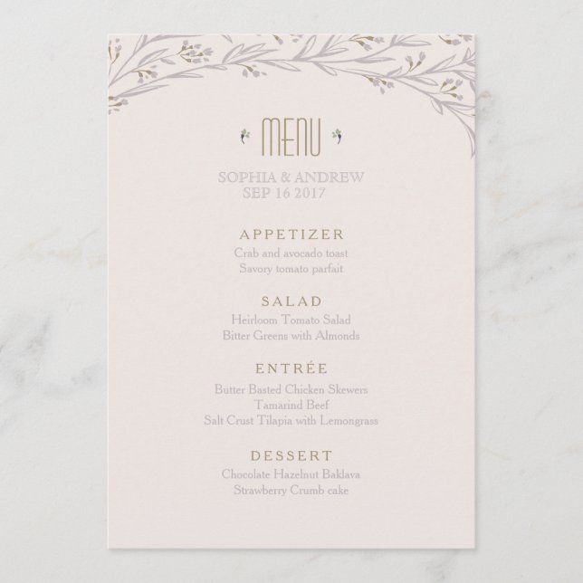 Élégant menu mariage floral lilas rustique (Devant)