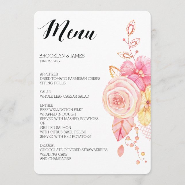 Elégant menu Mariage Floral Perles dentelle (Devant)
