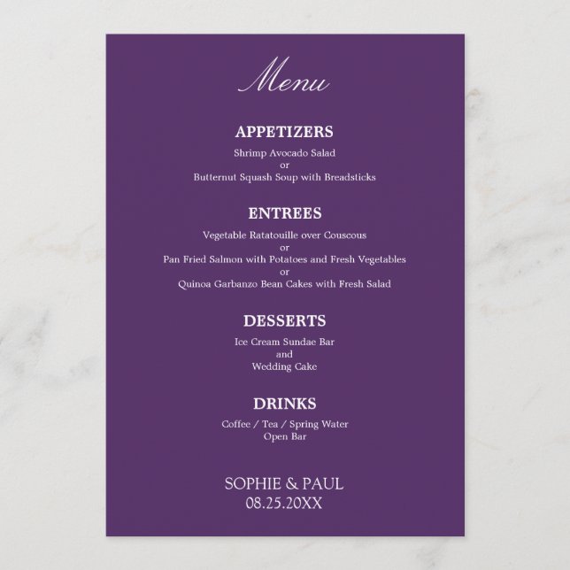 Élégant menu Mariage foncé violet élégant (Devant)