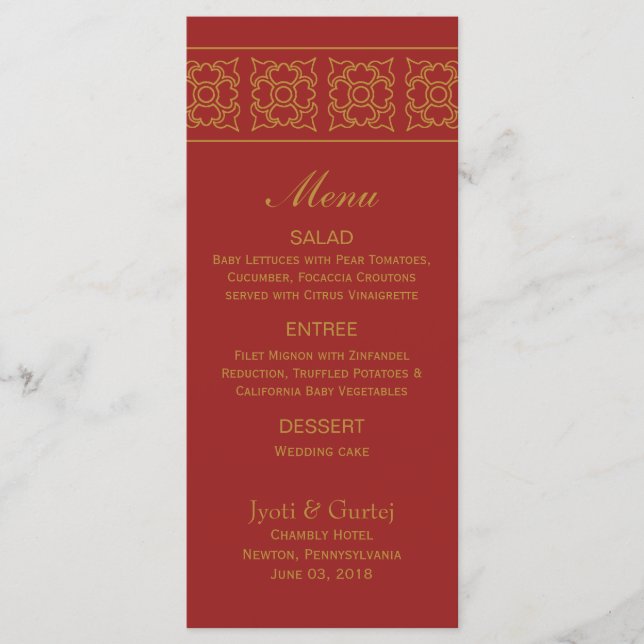 Élégant menu Mariage indien à motifs (Devant)