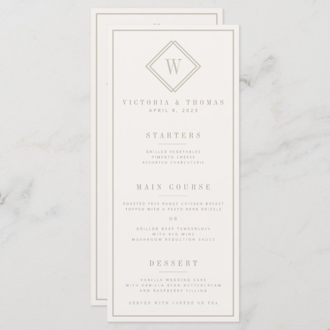 Élégant Menu Mariage minimaliste Beige Double Coté (Devant / Derrière)