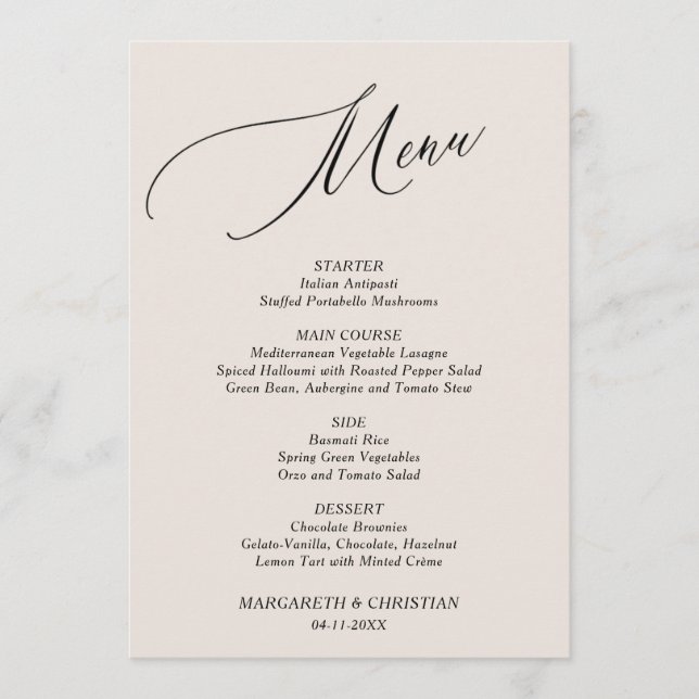 Elégant menu Mariage minimaliste de sable (Devant)