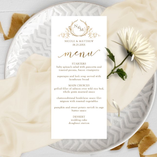 Élégant menu Mariage Monogramme Blanc et Or (Créateur téléchargé)