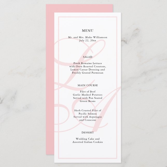 Élégant menu Mariage Monogramme rose (Devant / Derrière)