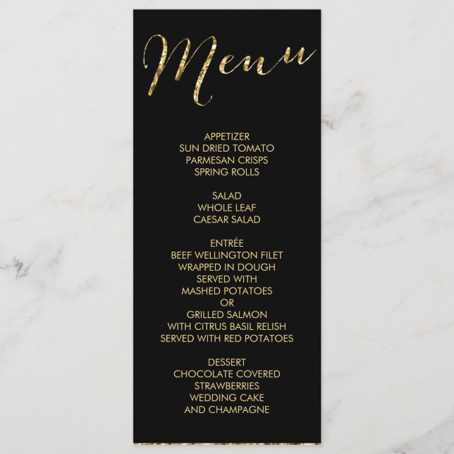Élégant Menu Mariage noir Gold Foil (Devant)