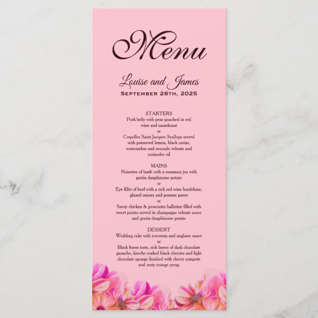 Elégant menu Mariage rose et jaune (Devant)