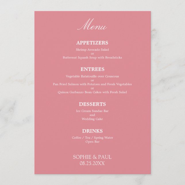 Elégant menu Mariage rose pâle élégant (Devant)